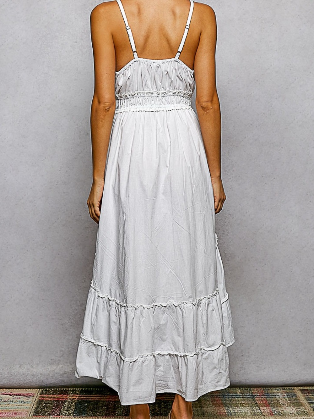 ♥️Hello Gorgeous! POL Embroidered Tassel Smocked Waist Midi Tiered Cami Dress - Picture 5 of 12